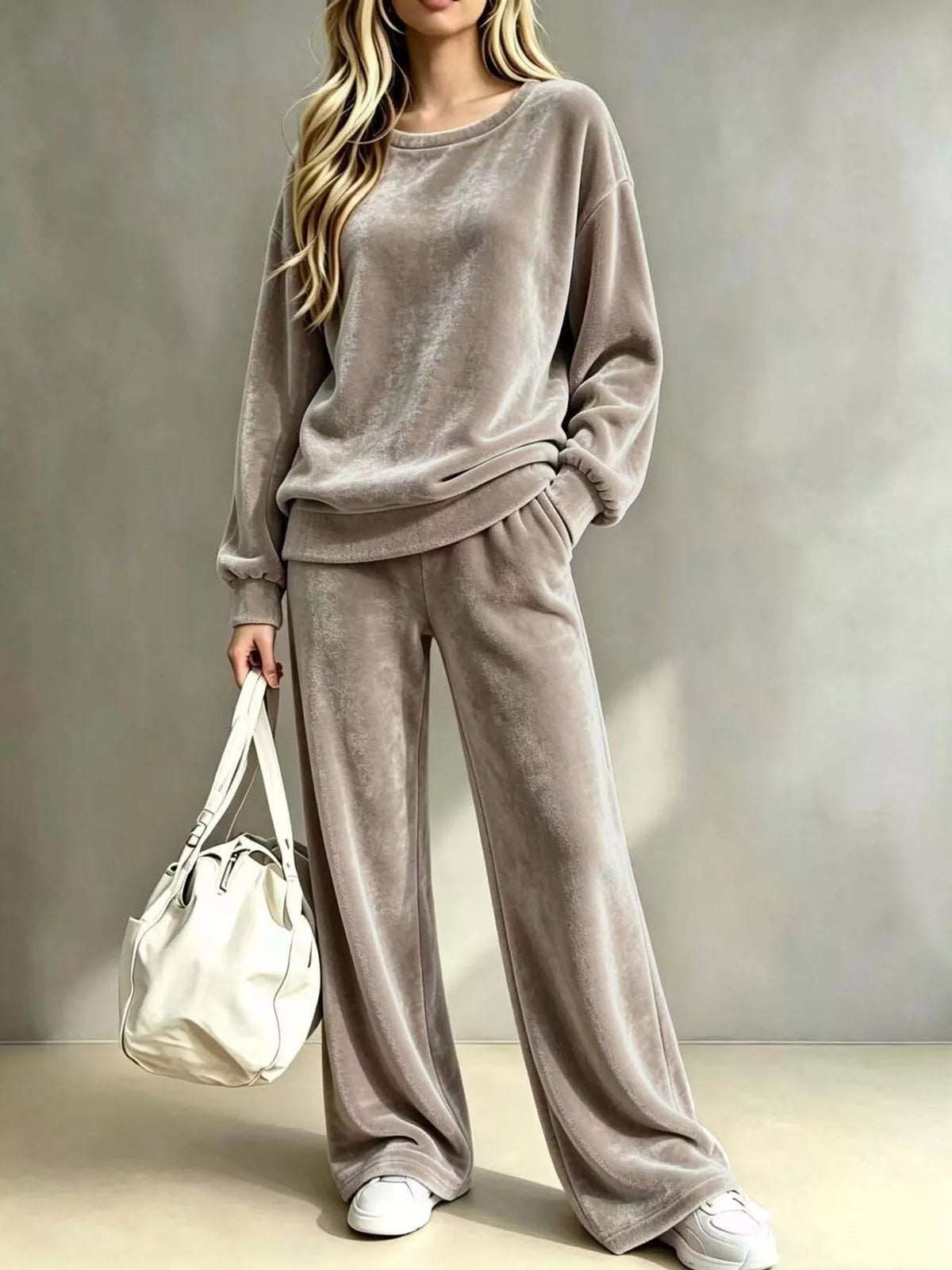 Full Size Velvet Dropped Shoulder Top and Wide-Leg Pants Set Plus Size