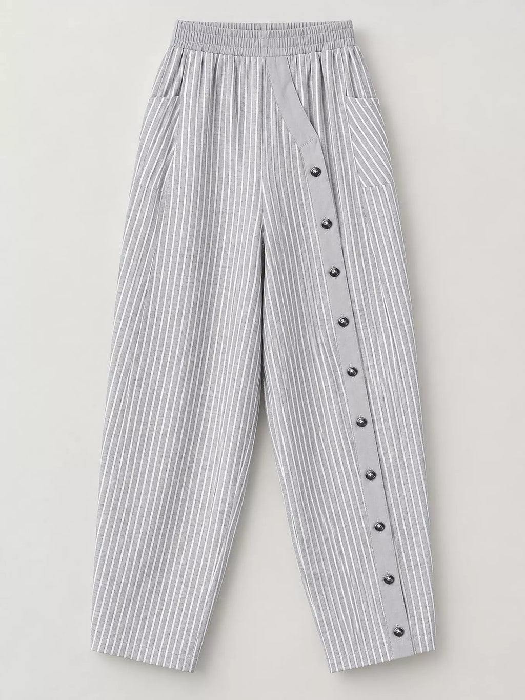 Striped Casual Pants with Side Button Detail