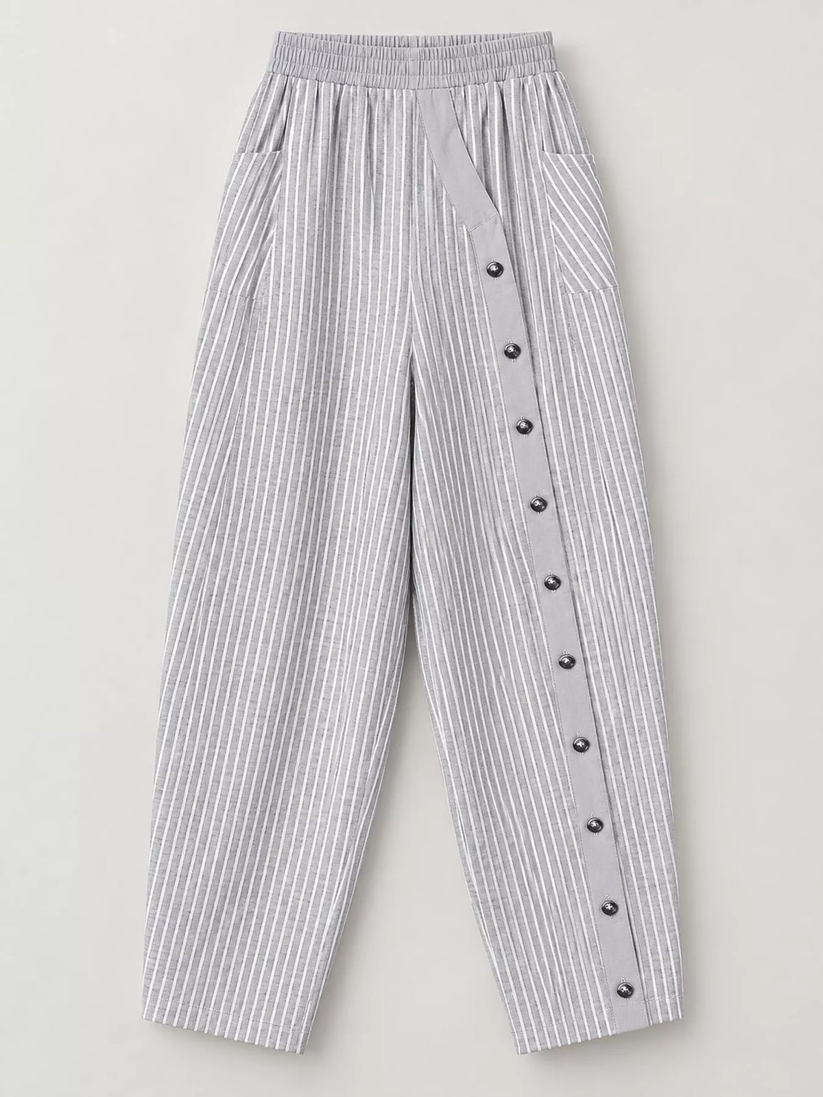 Striped Casual Pants with Side Button Detail