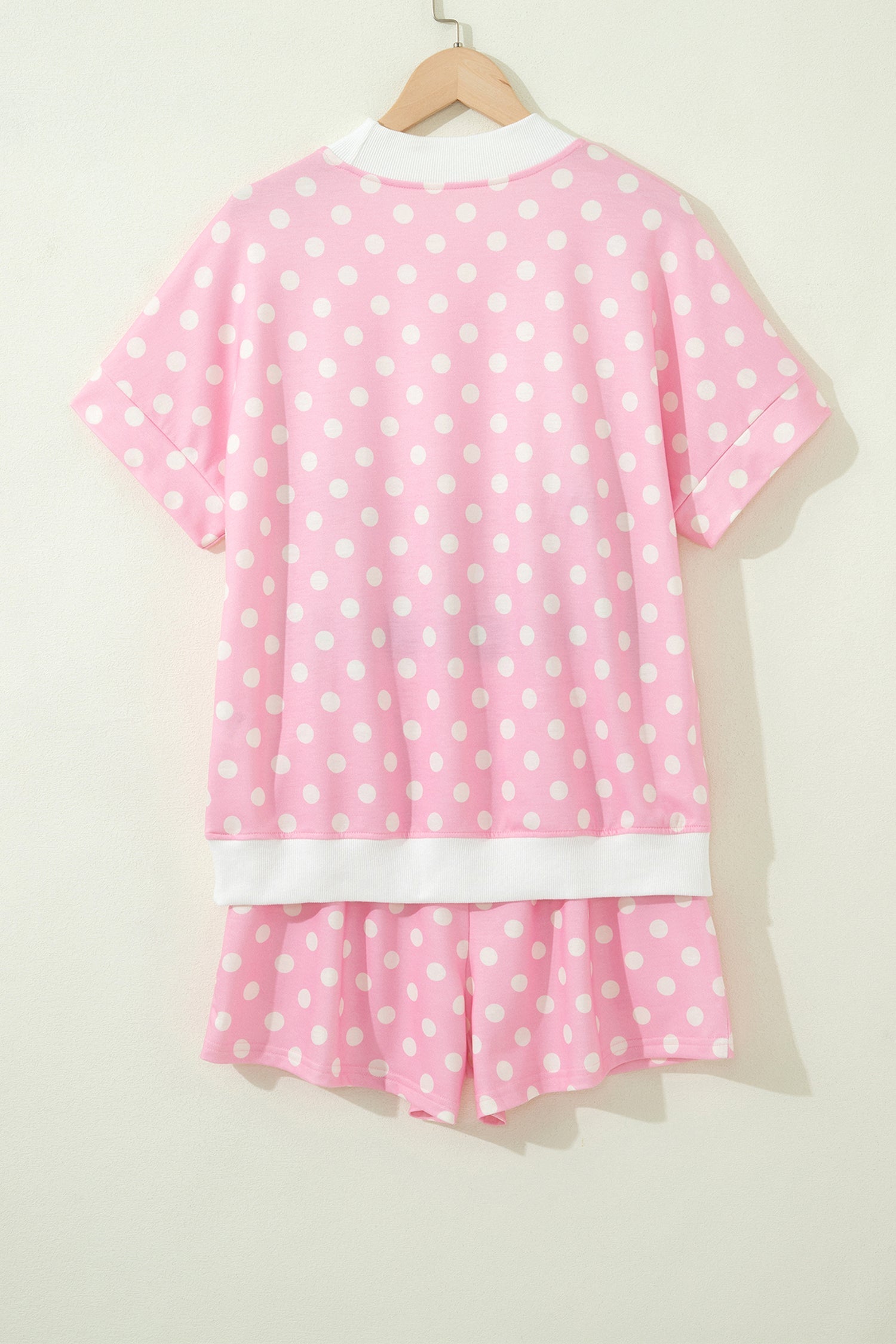 Pink Polka Dot Print Color Block Trim Mock Neck Short Set