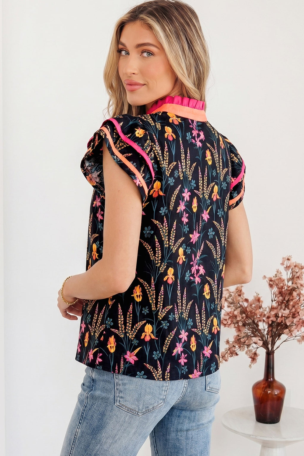 Black Floral Print Contrast Trim Tiered Ruffled Short Sleeve Blouse