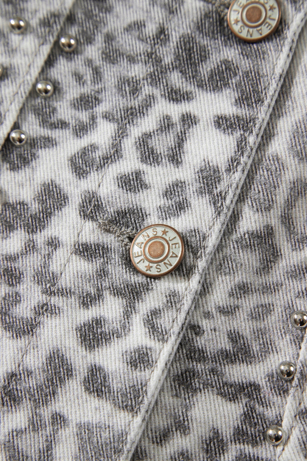 Khaki Leopard Print Studded Collar Studded Patch Pocket Denim Jacket