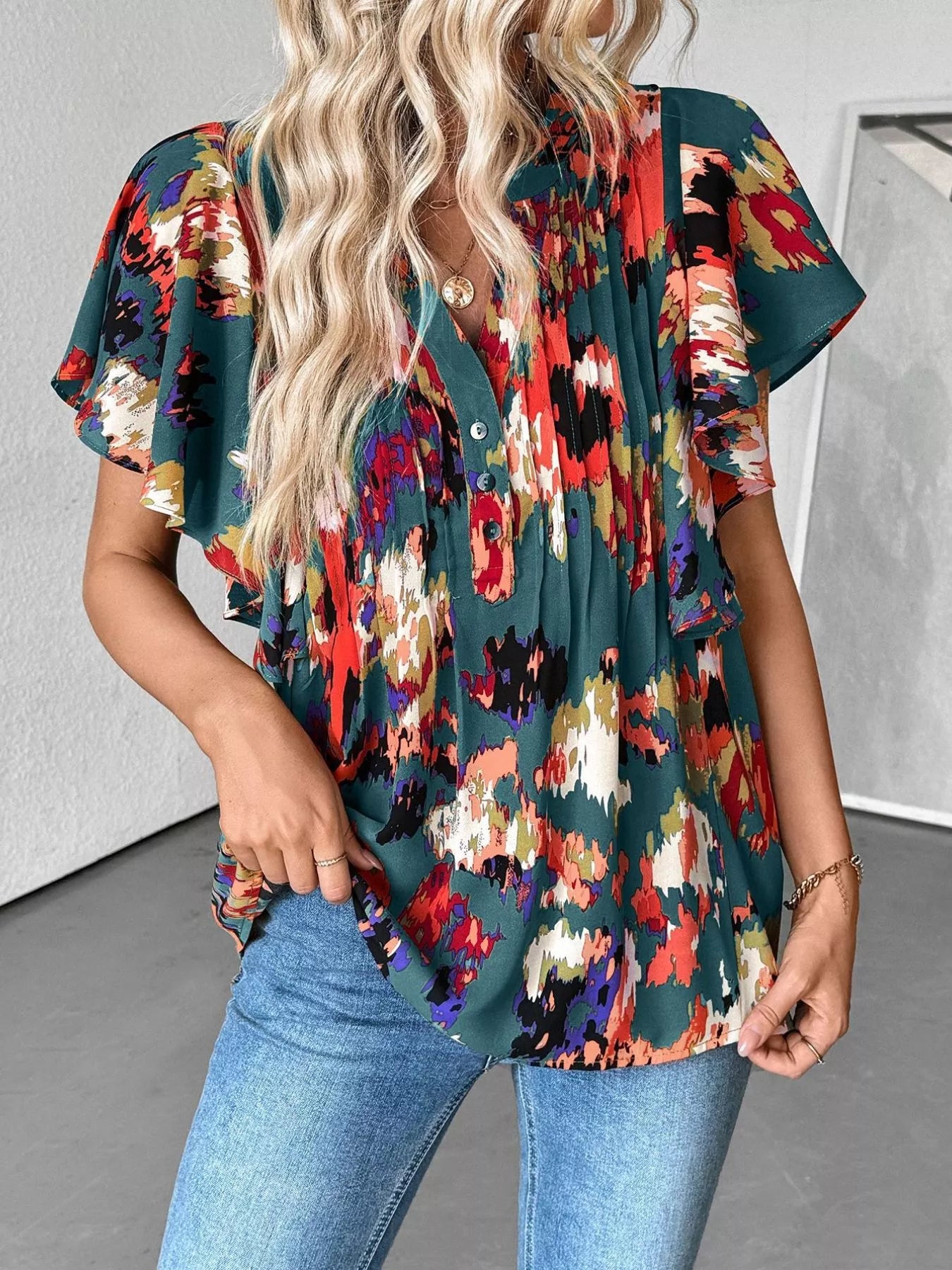 Abstract Print Ruffle Sleeve Blouse