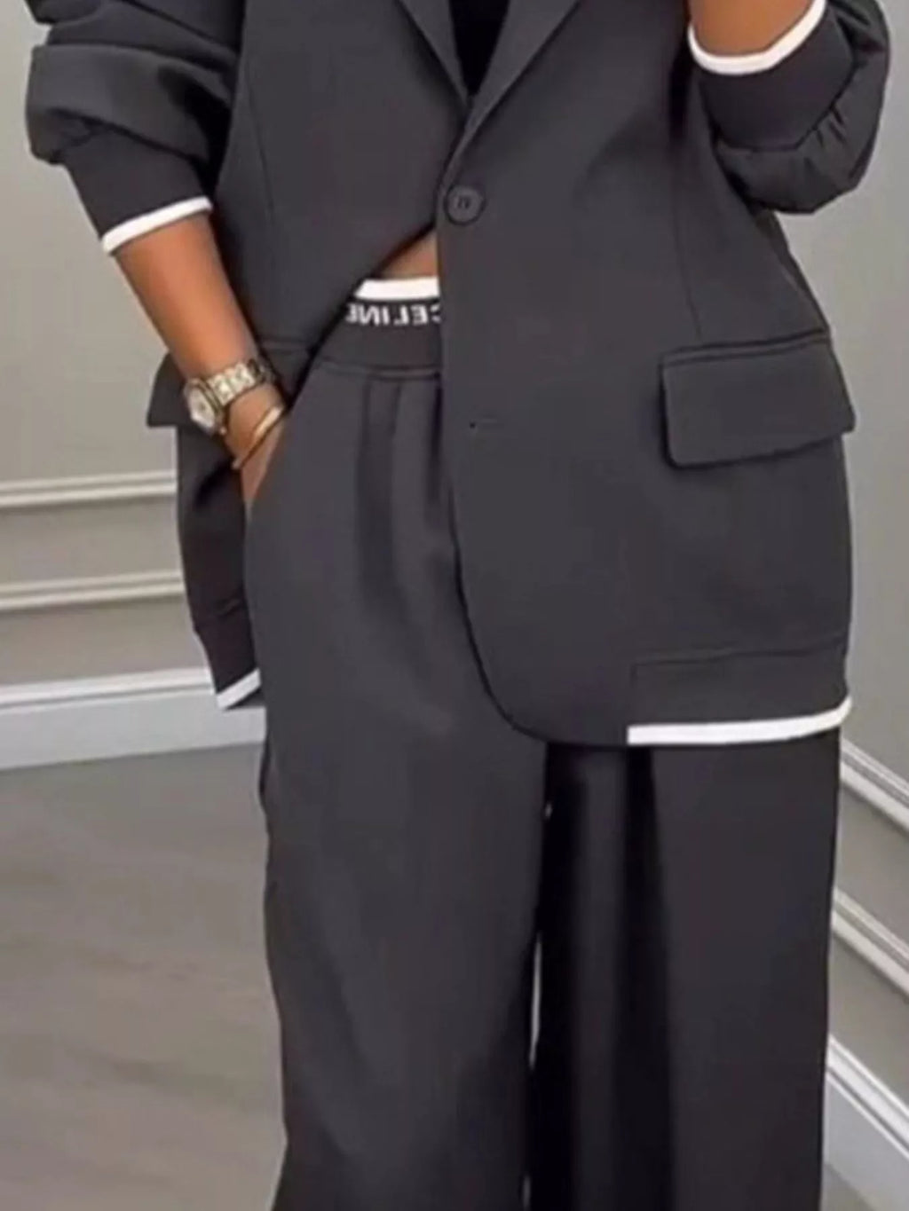 Full Size One Button Blazer and Wide-Leg Pants Set Plus Size