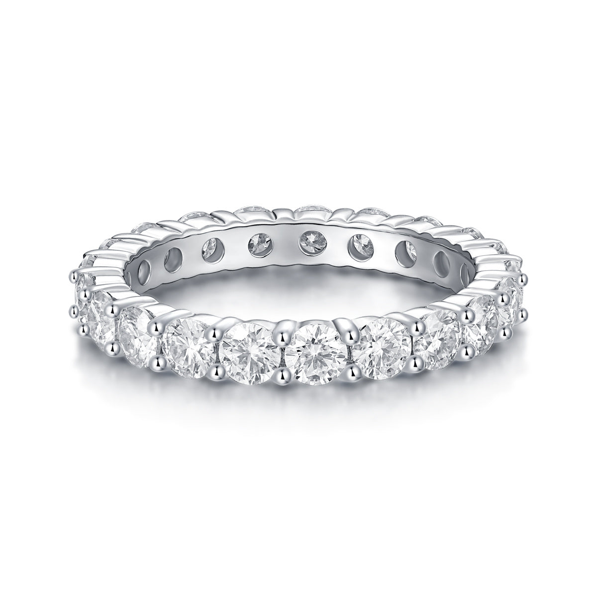 S925 Silver 2.1g Platinum Plated Moissanite Eternity Ring, 3.0mm 19pcs D VVS1 Band, GRA Certified US 5-9