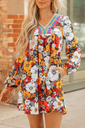 Boho Floral Print V-Neck Mini Dress with Pockets