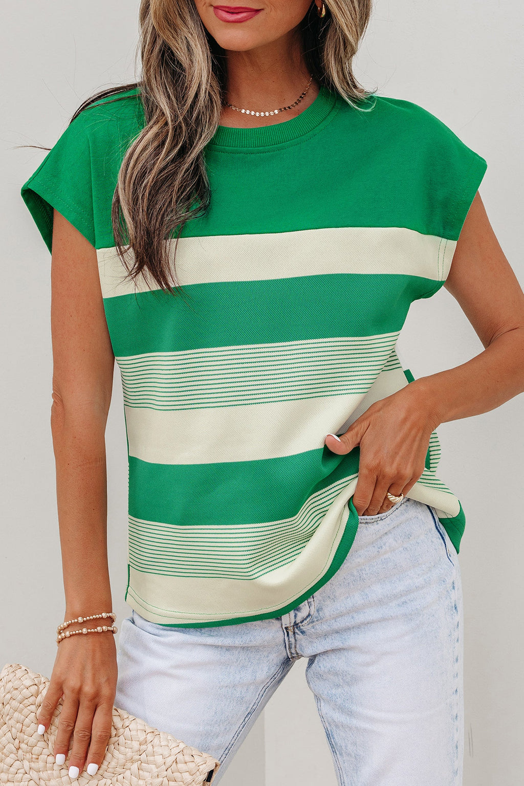 Green Stripe Mixed Print Crew Neck Cap Sleeve T Shirt