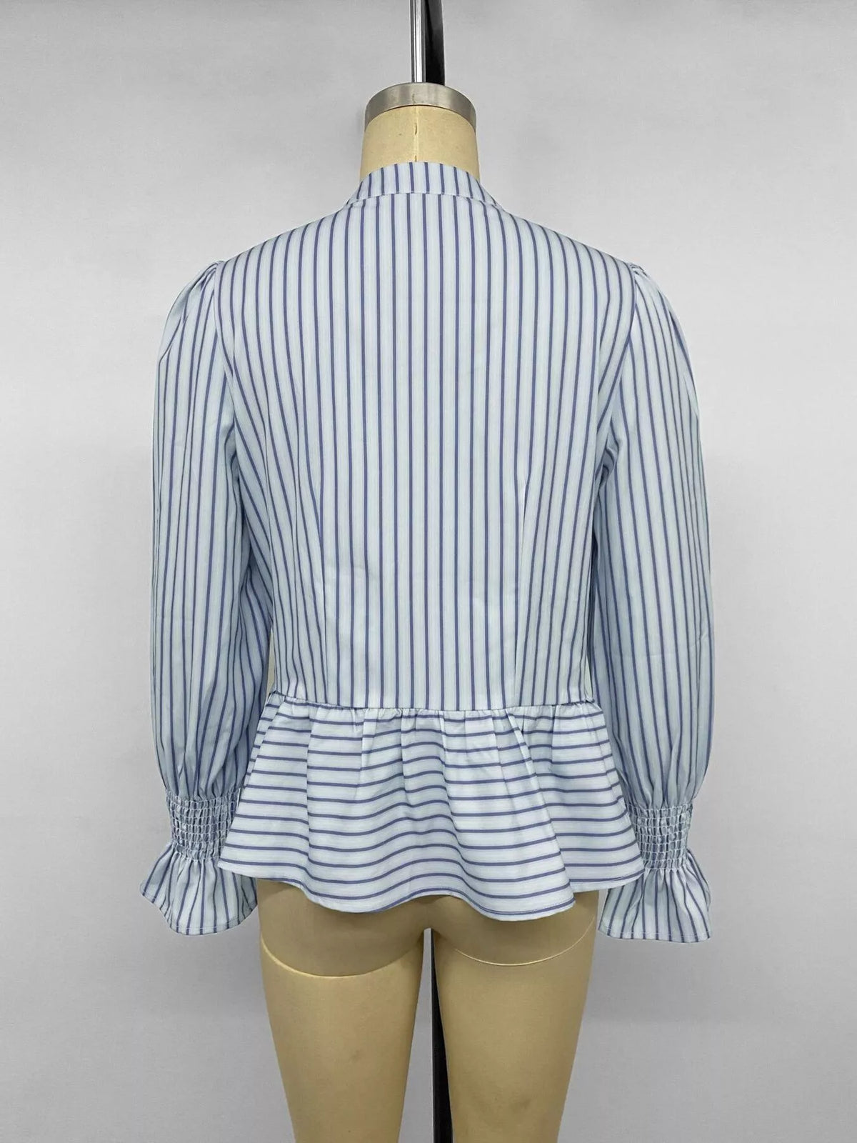Striped Mandarin Knot Buttons Peplum Hem Shirt