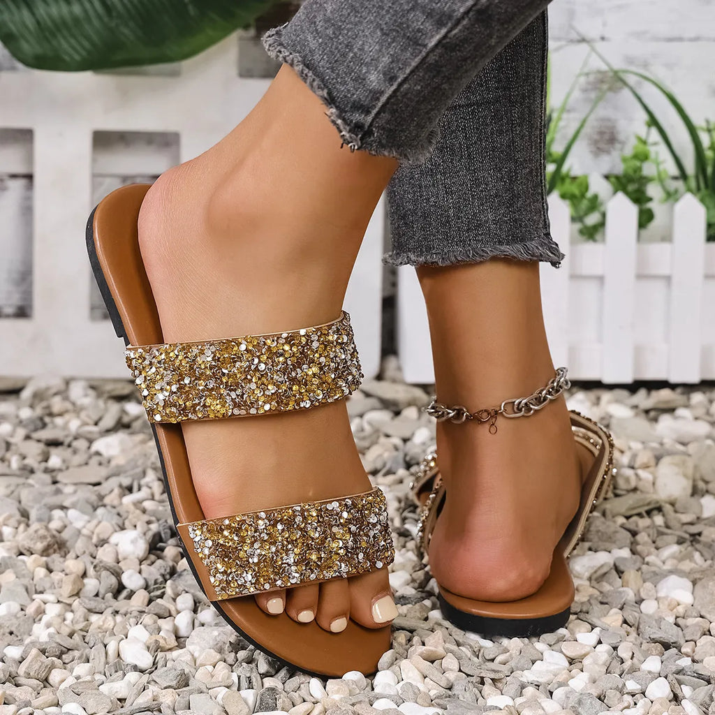 Sequin Open Toe Flats Sandals
