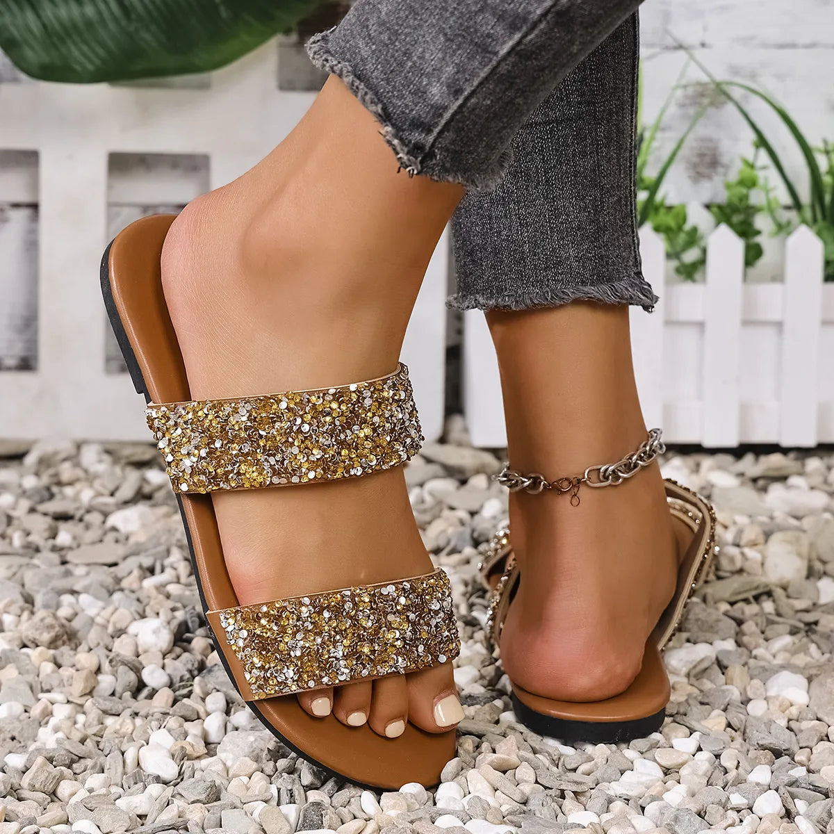 Sequin Open Toe Flats Sandals