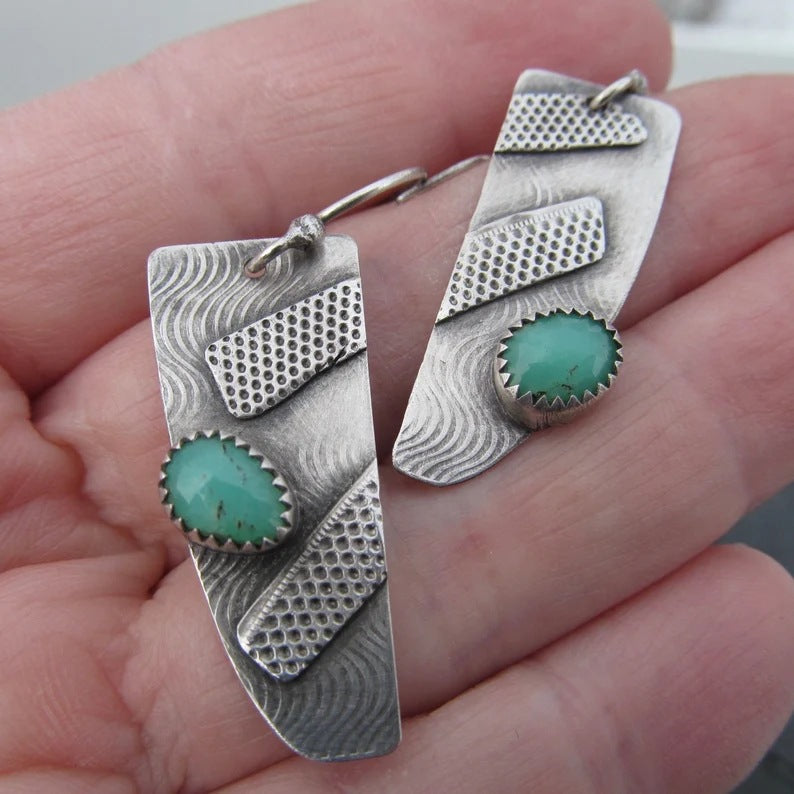 Retro Geometric Carved Pendant Earrings Turquoise Ear Jewelry