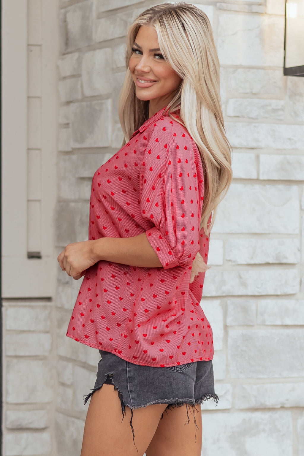 Red Heart Shape Print Half Sleeve Loose Valentine Shirt