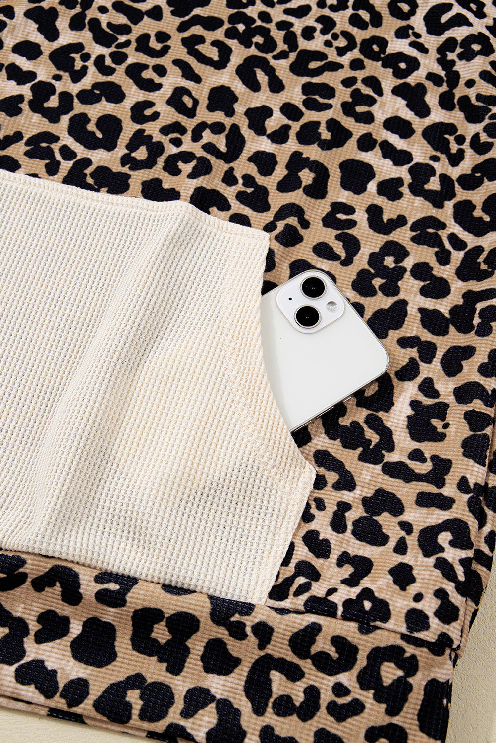 Leopard Waffle Knit Kangaroo Pocket Hooded Sweatshirt