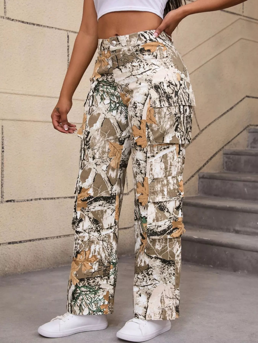 High-Waisted Camouflage Print Cargo Pants