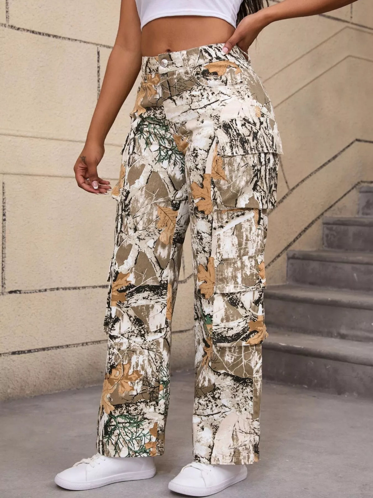 High-Waisted Camouflage Print Cargo Pants