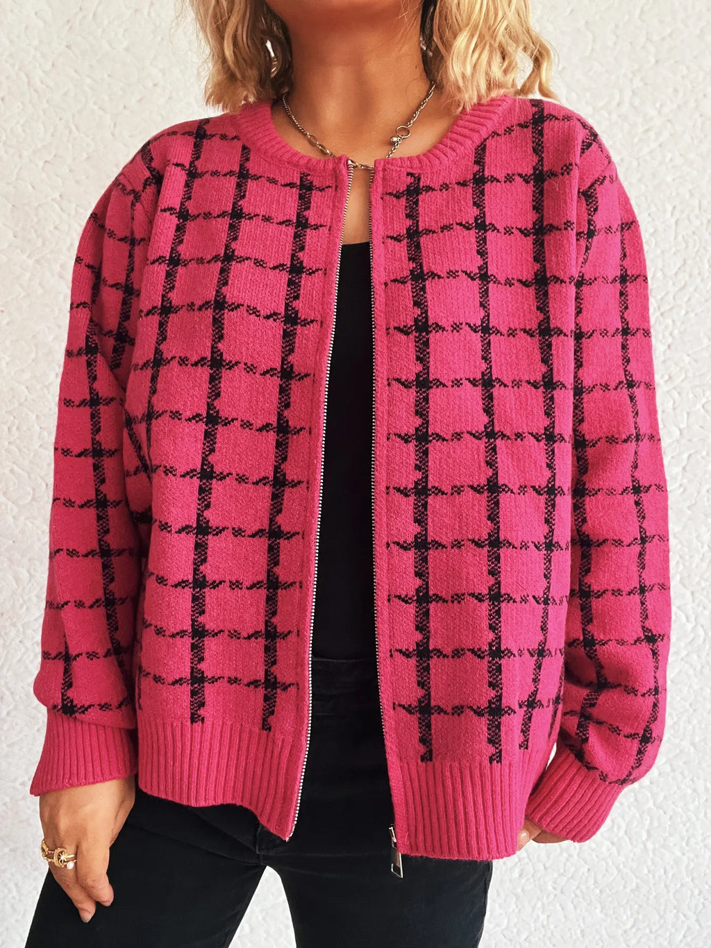 Plaid Zip-Up Cardigan with Gentle Stretch