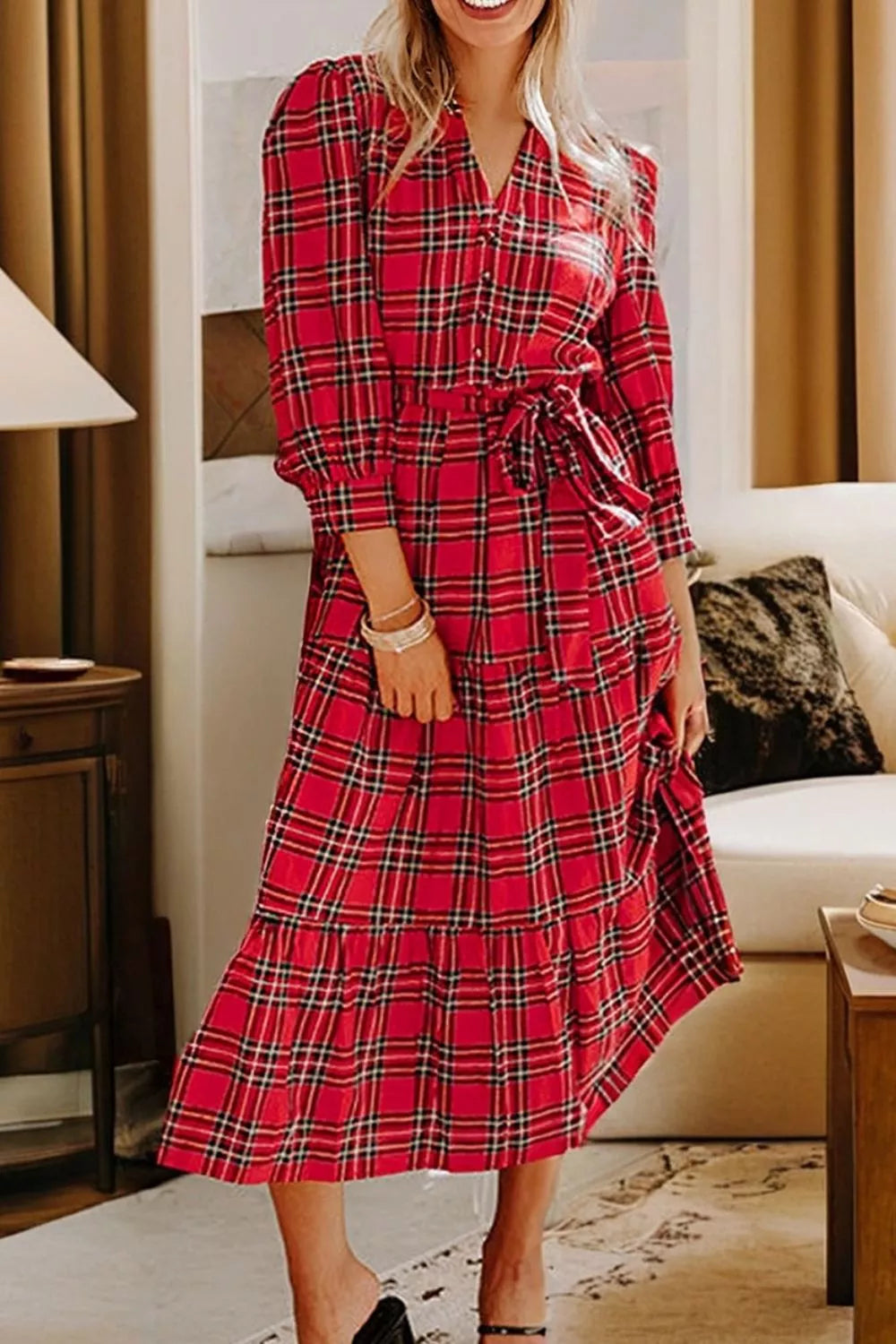 Christmas Plaid V Neck 3/4 Sleeve Tie Waist Ruffle Hem Midi Dress