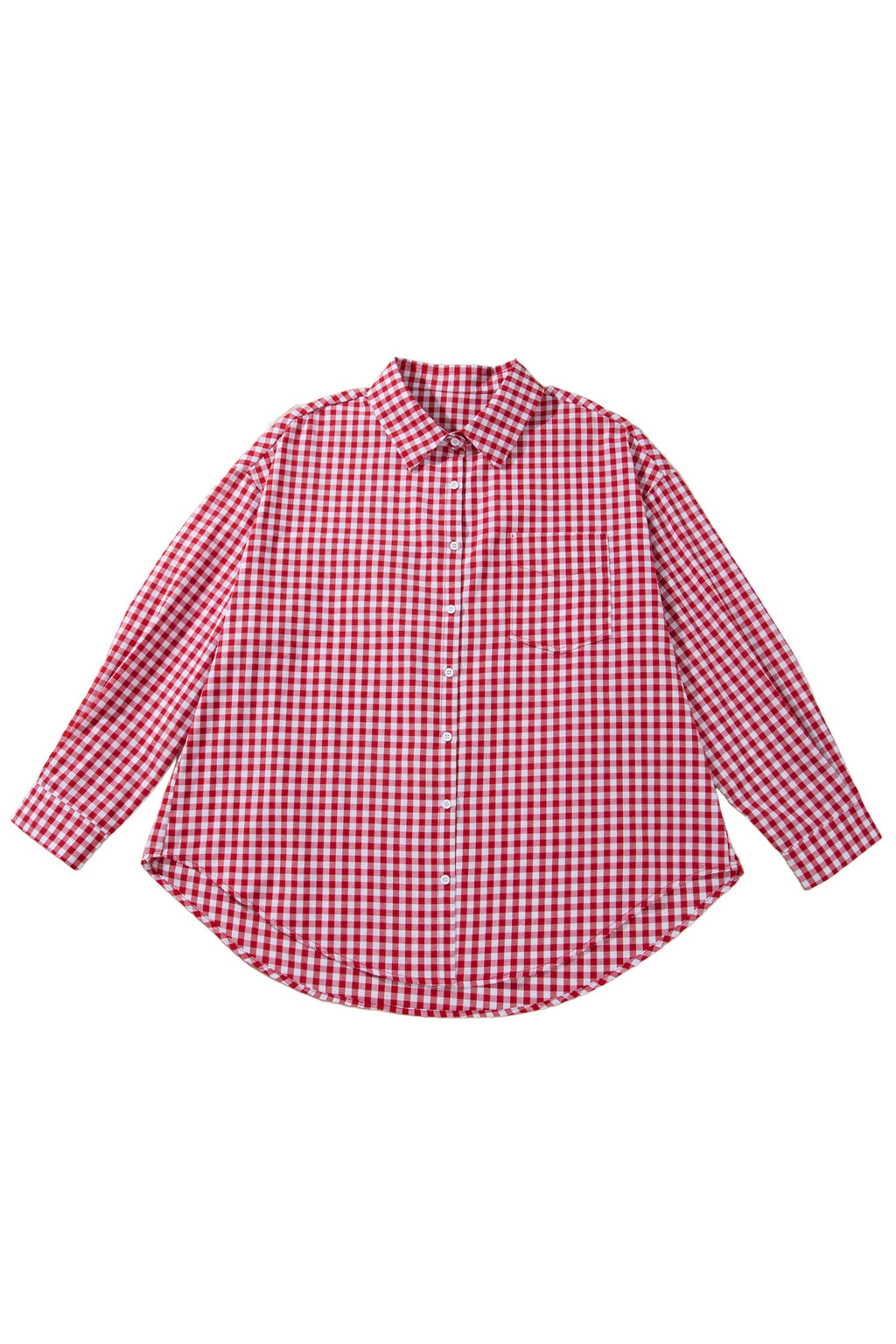 Red Plaid V Neck Long Sleeve Tunic Loose Fit Plus Size Shirt