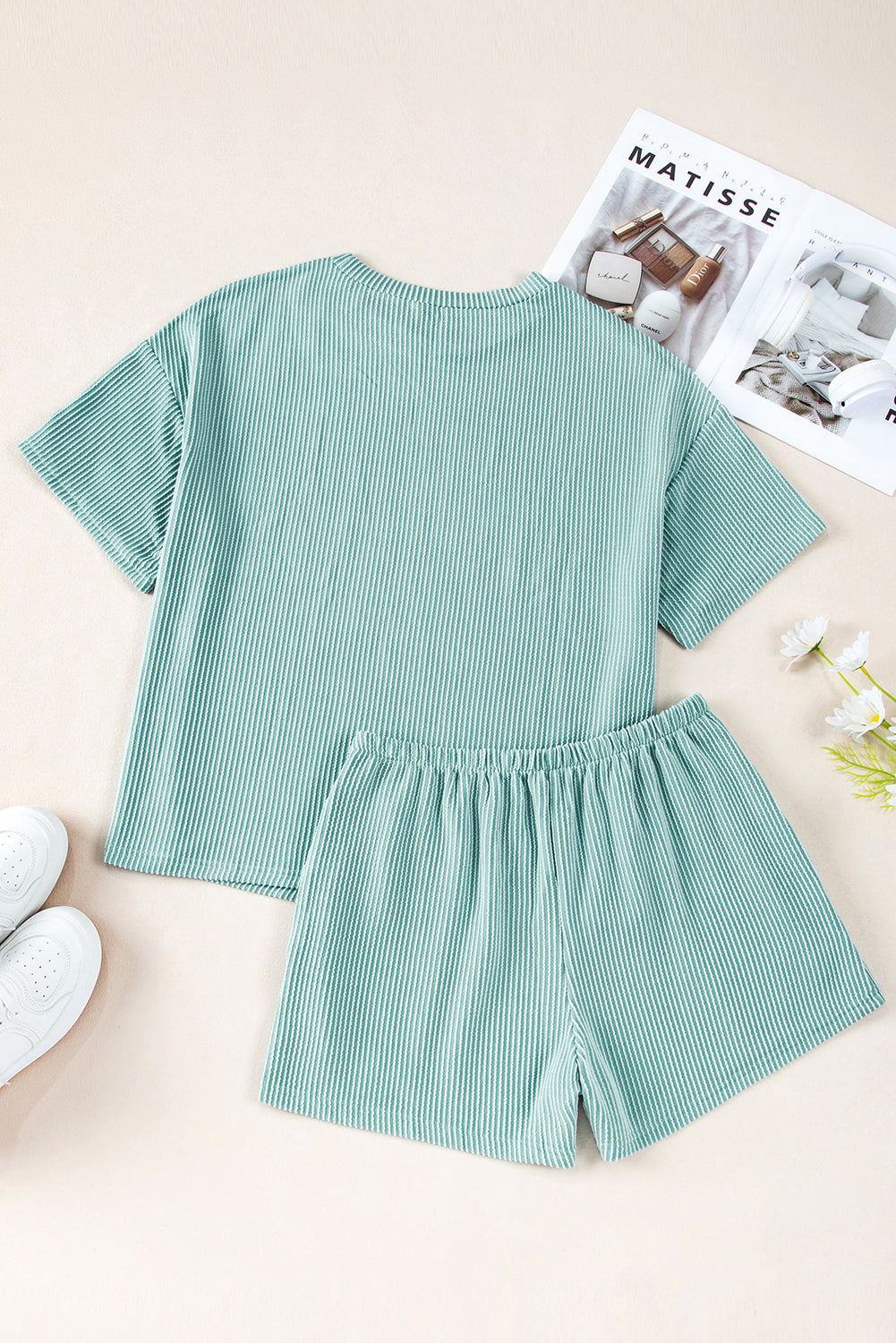 Solid Corded Short Sleeve Tee and Shorts Set
