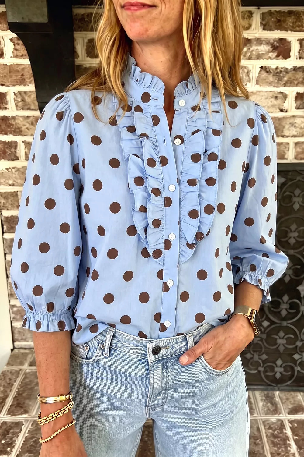 Polka Dot Ruffled Stand-Collar Shirt