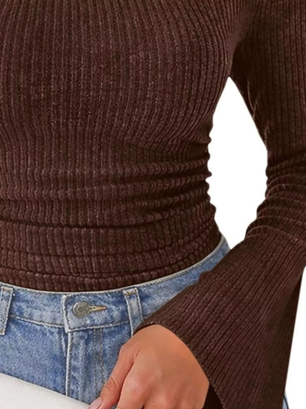 Ribbed Knit Cowl Neck Flared Sleeves Top