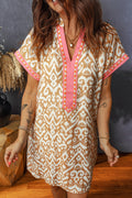 Khaki Western Fashion Print Striped Color Block Patchwork Shift Mini Dress