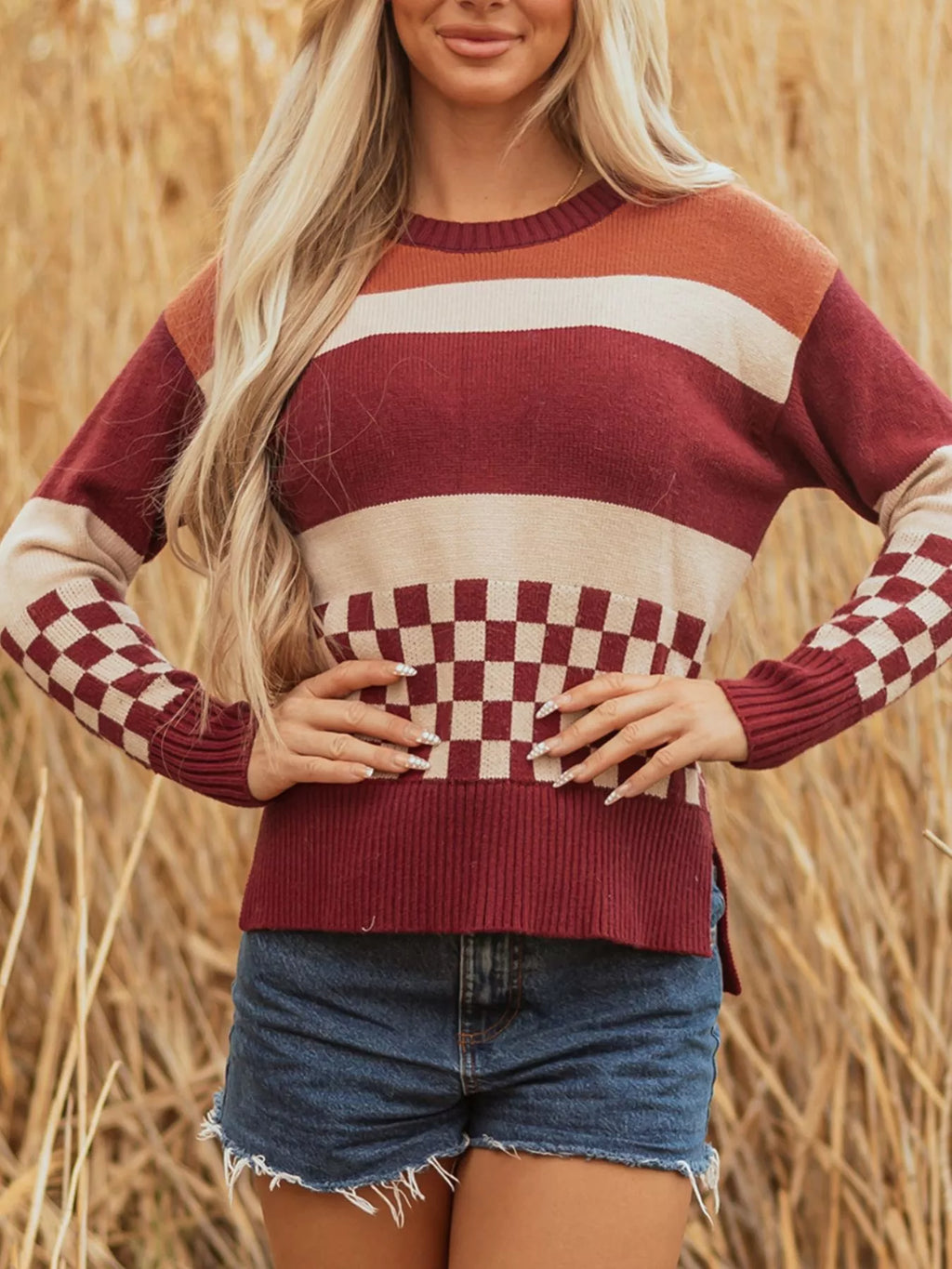 Checkered Color Block Knitted Drop Shoulder Sweater