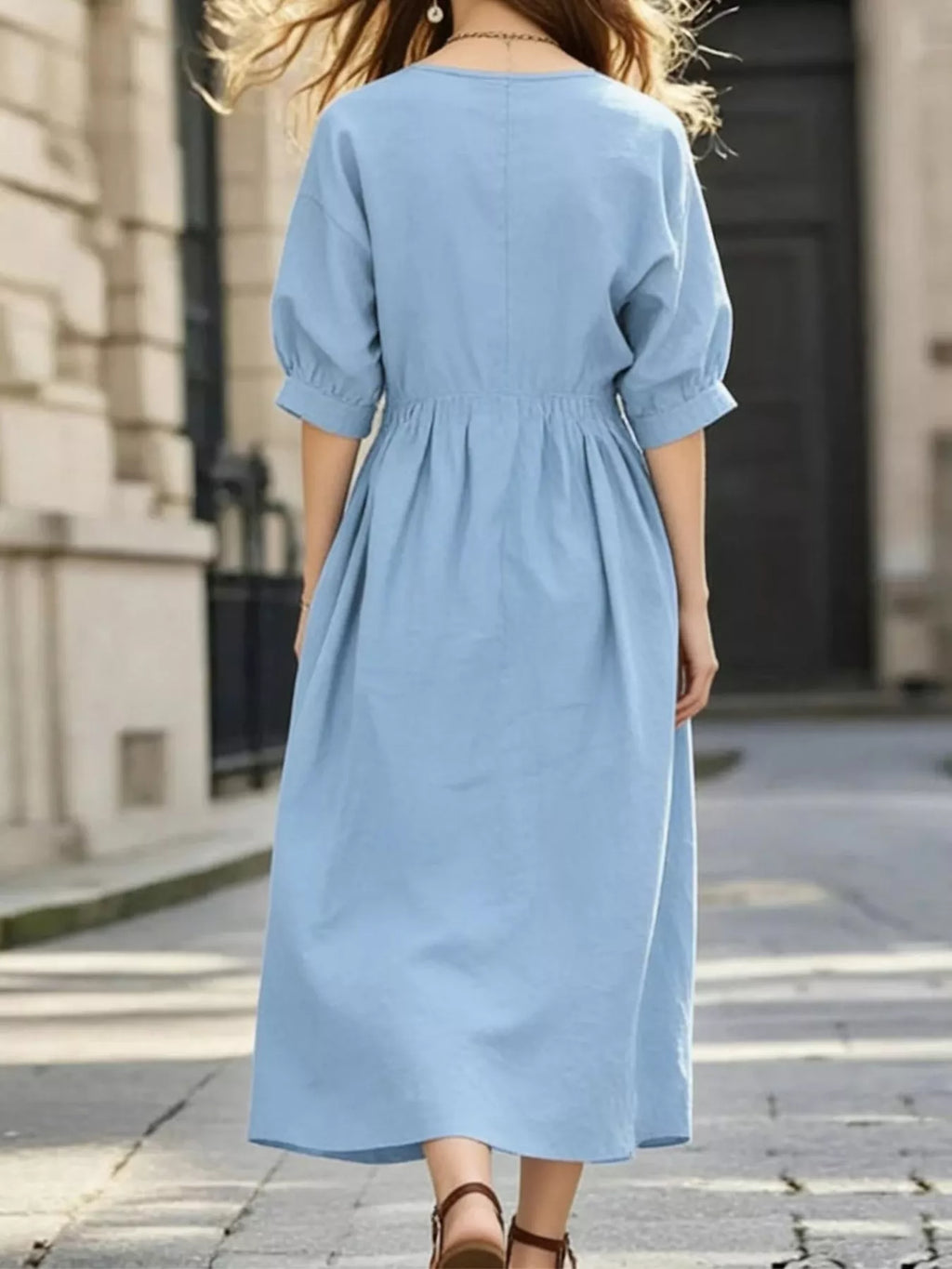 Notched Half Sleeve Midi Dress