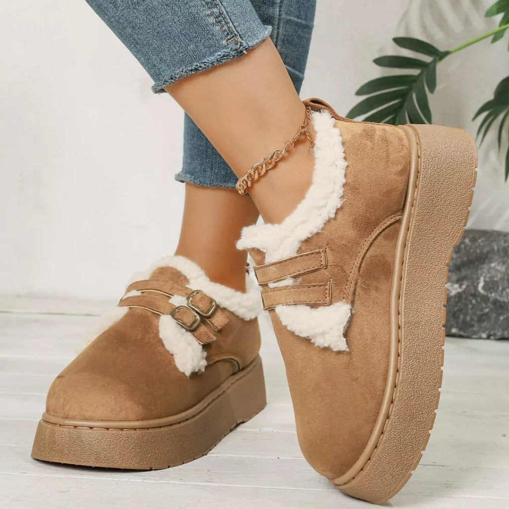 Buckle Strap Faux Fur Trim Platform Boots