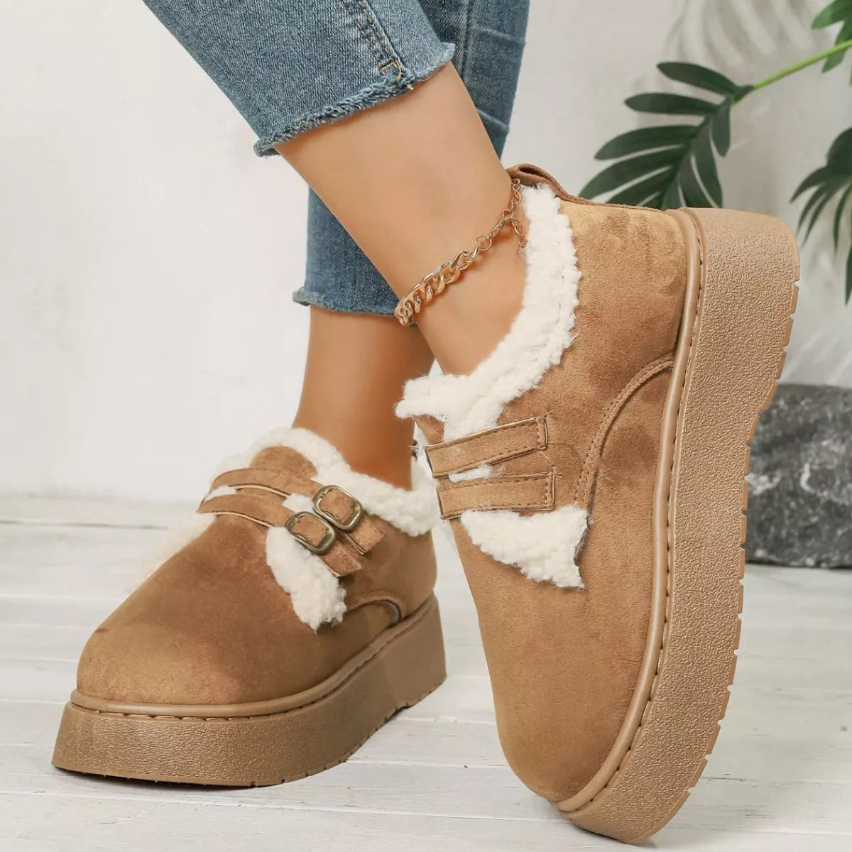 Buckle Strap Faux Fur Trim Platform Boots