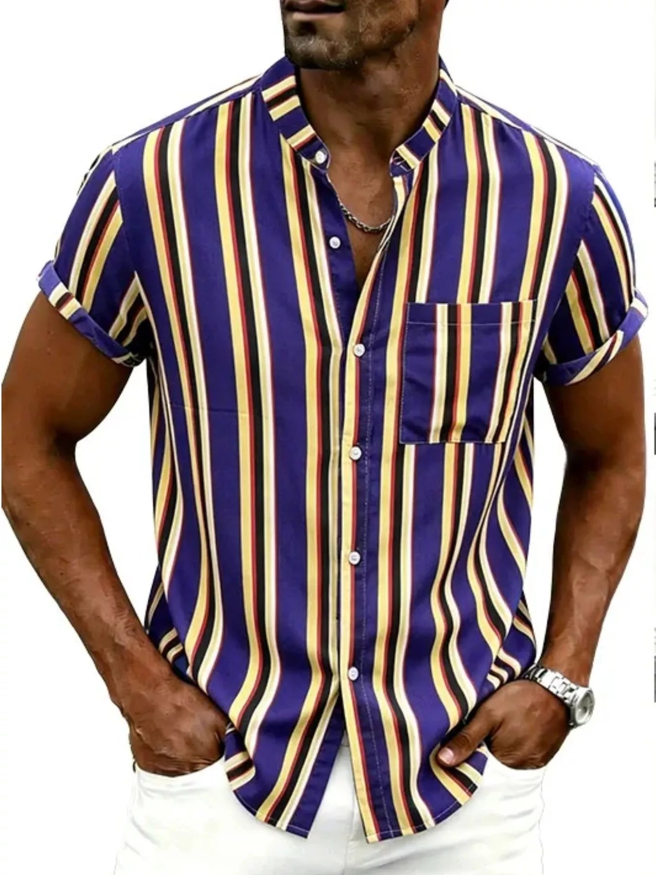 Men's Plus Size Striped Button Up Short Sleeve Shirt