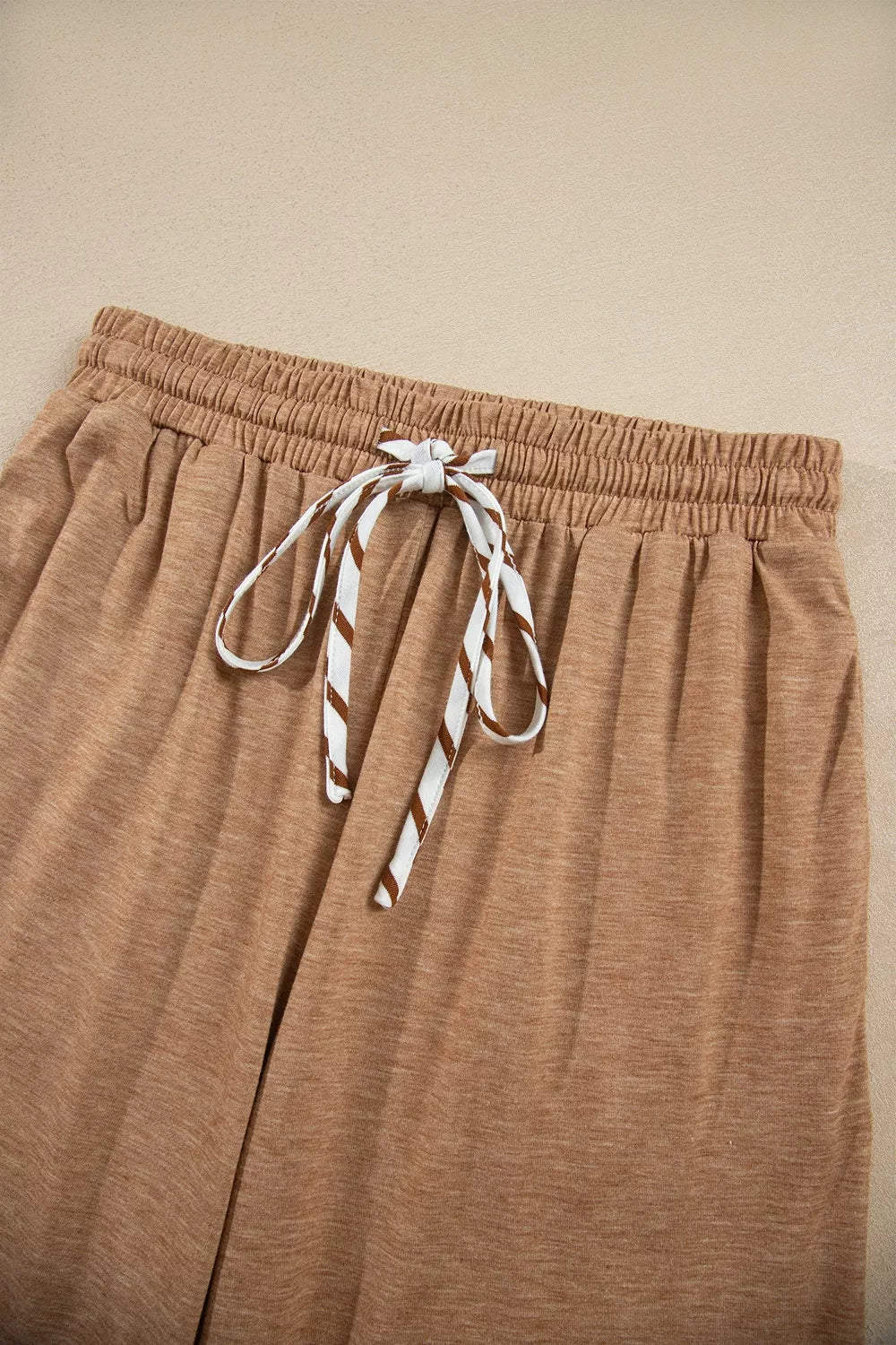 Stripe V Neck Ruffle Contrast Sleeve Top Drawstring Pants 2pcs Set