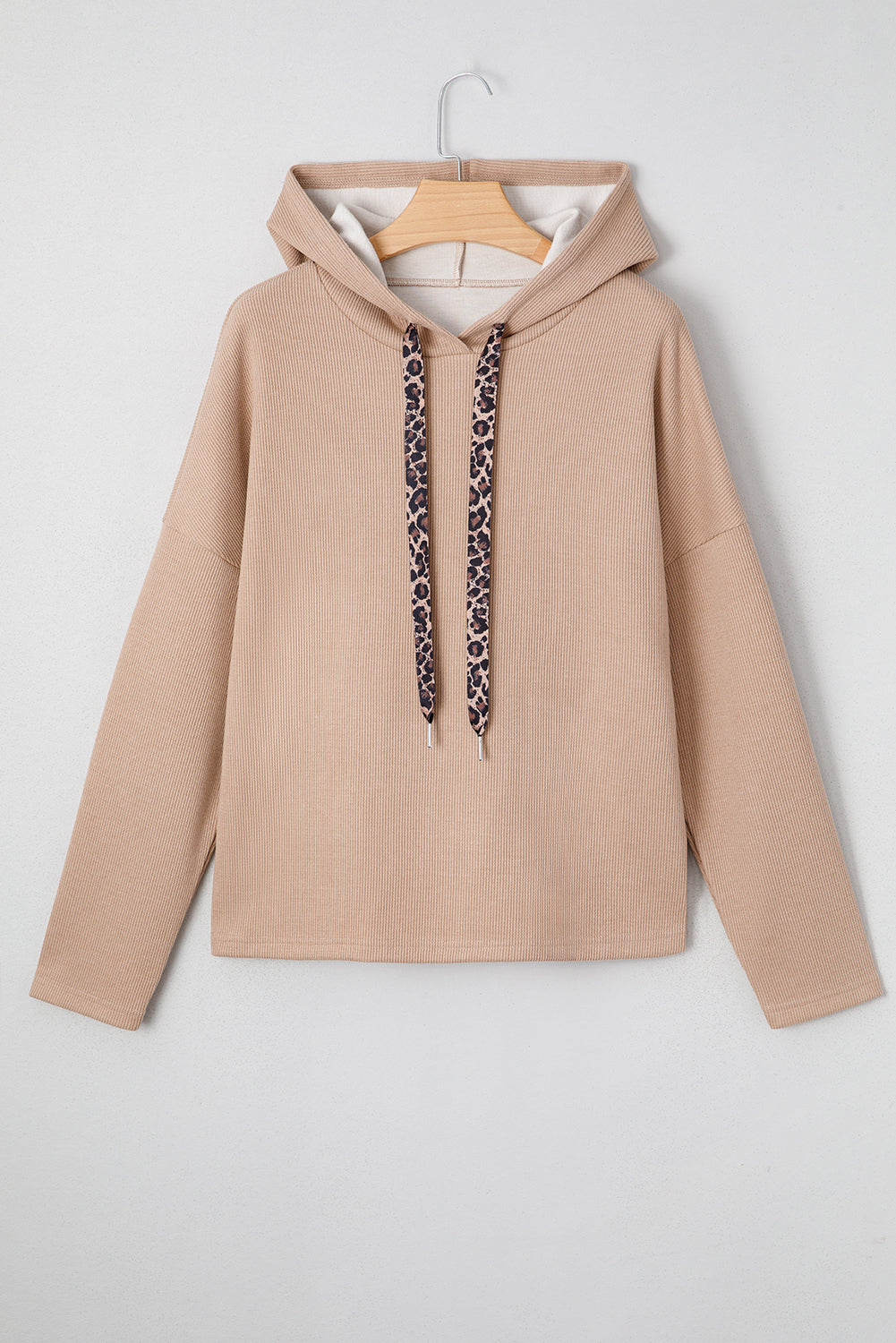 Ribbed Knit Leopard & Lace Drawstring Hoodie