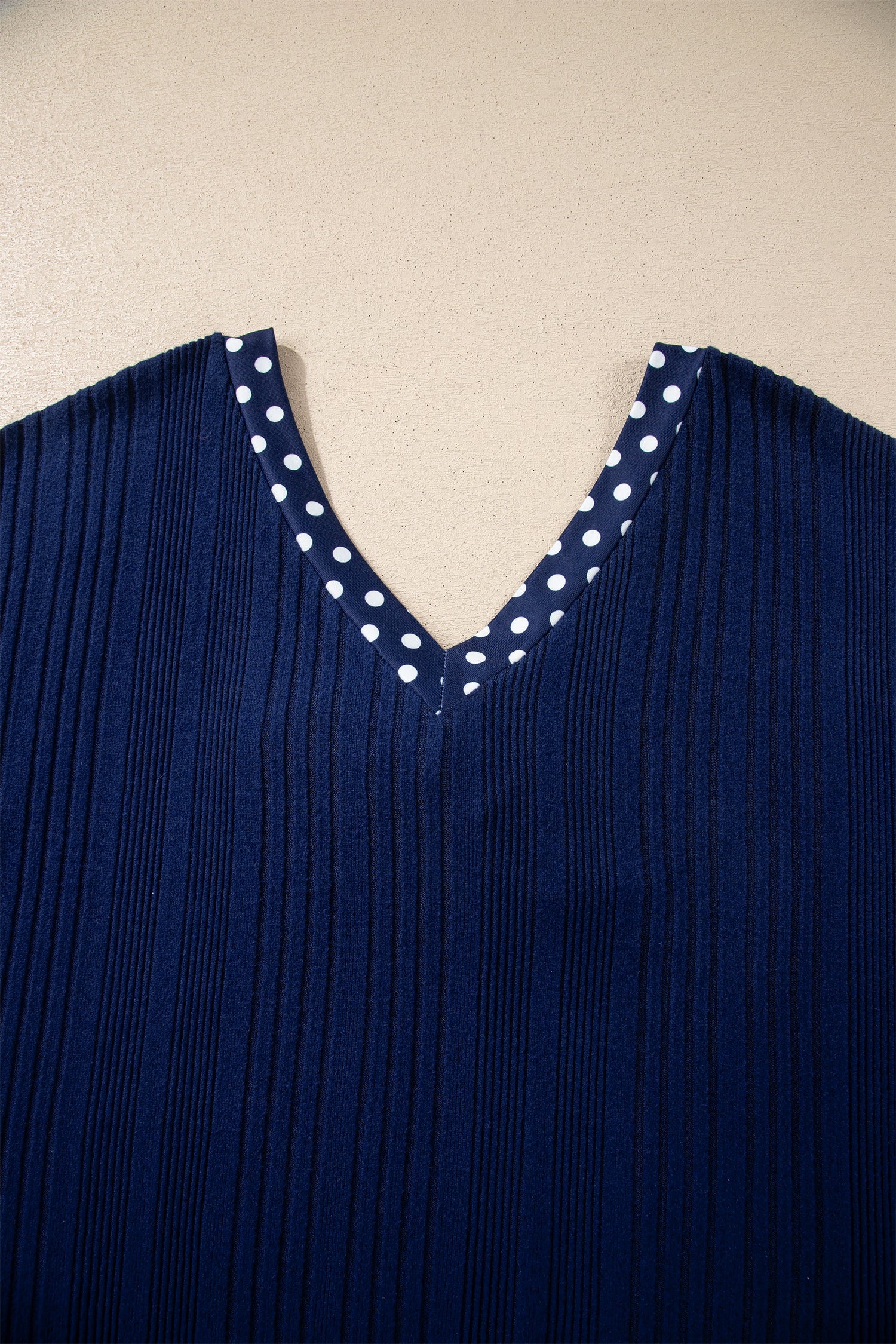 Dirty blue Polka Dot Trimmed V Neck Bow Tie Textured Ribbed Top