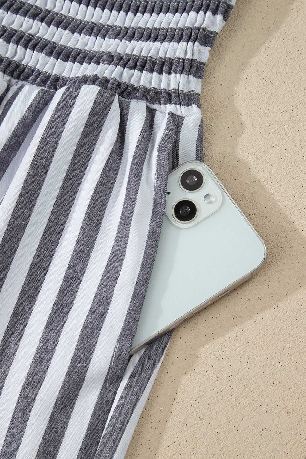 Black Stripe Shirred High Waist Loose Summer Pants