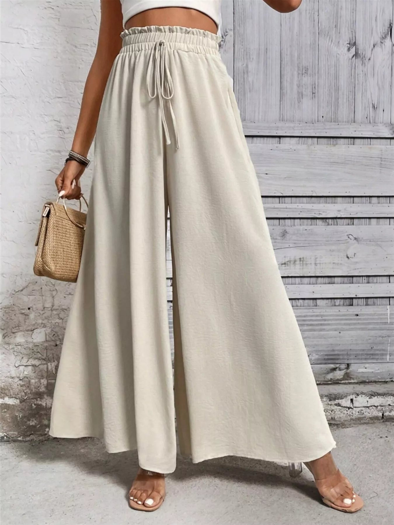 Wide Leg Drawstring Waist Casual Pants