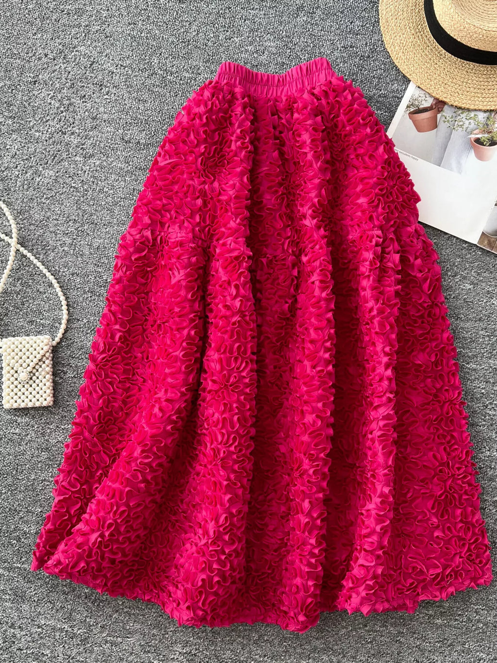 Elegant 3D Lace Trim High‑Waist A‑Line Midi Skirt