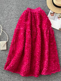 Elegant 3D Lace Trim High‑Waist A‑Line Midi Skirt
