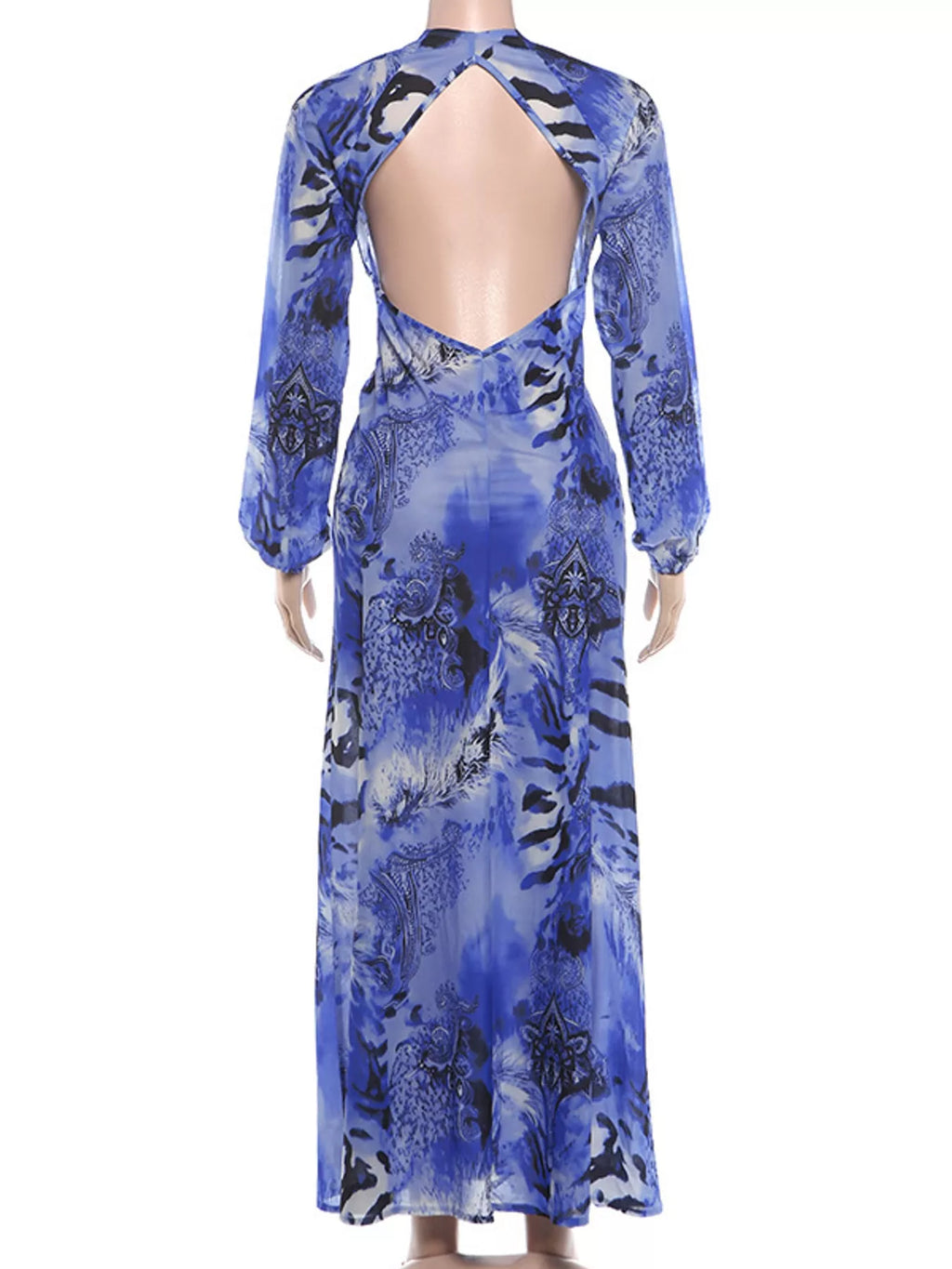 Deep V-Neck Long Sleeve Printed Maxi Dress