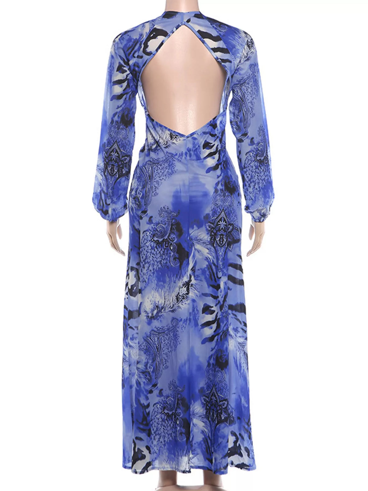 Deep V-Neck Long Sleeve Printed Maxi Dress