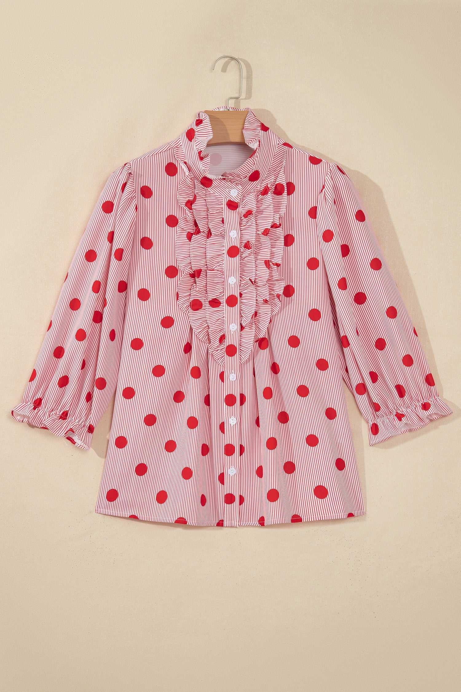 Sky Blue Polka Dot Print Ruffle Stand Neck 3/4 Sleeve Shift Shirt
