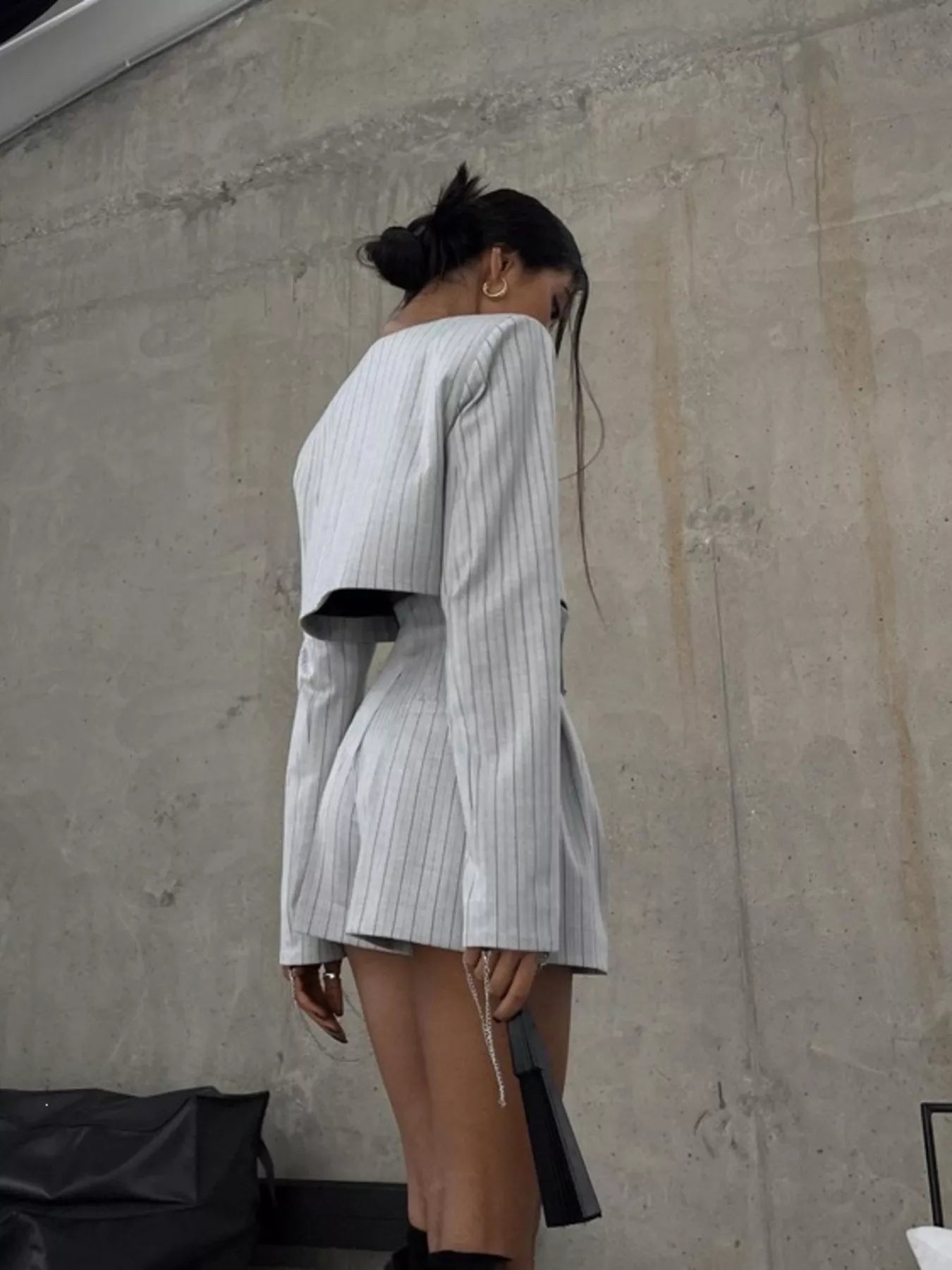 Pinstripe Cropped Blazer and Pleated Shorts Set