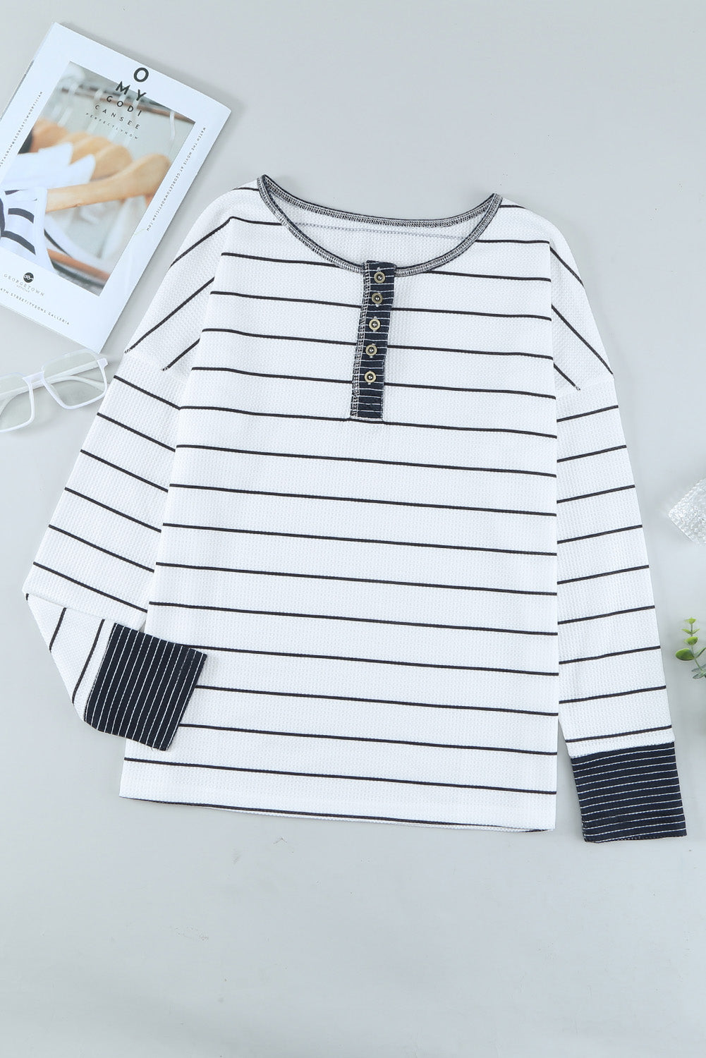 Stripe Waffle Knit Buttoned Henley Top