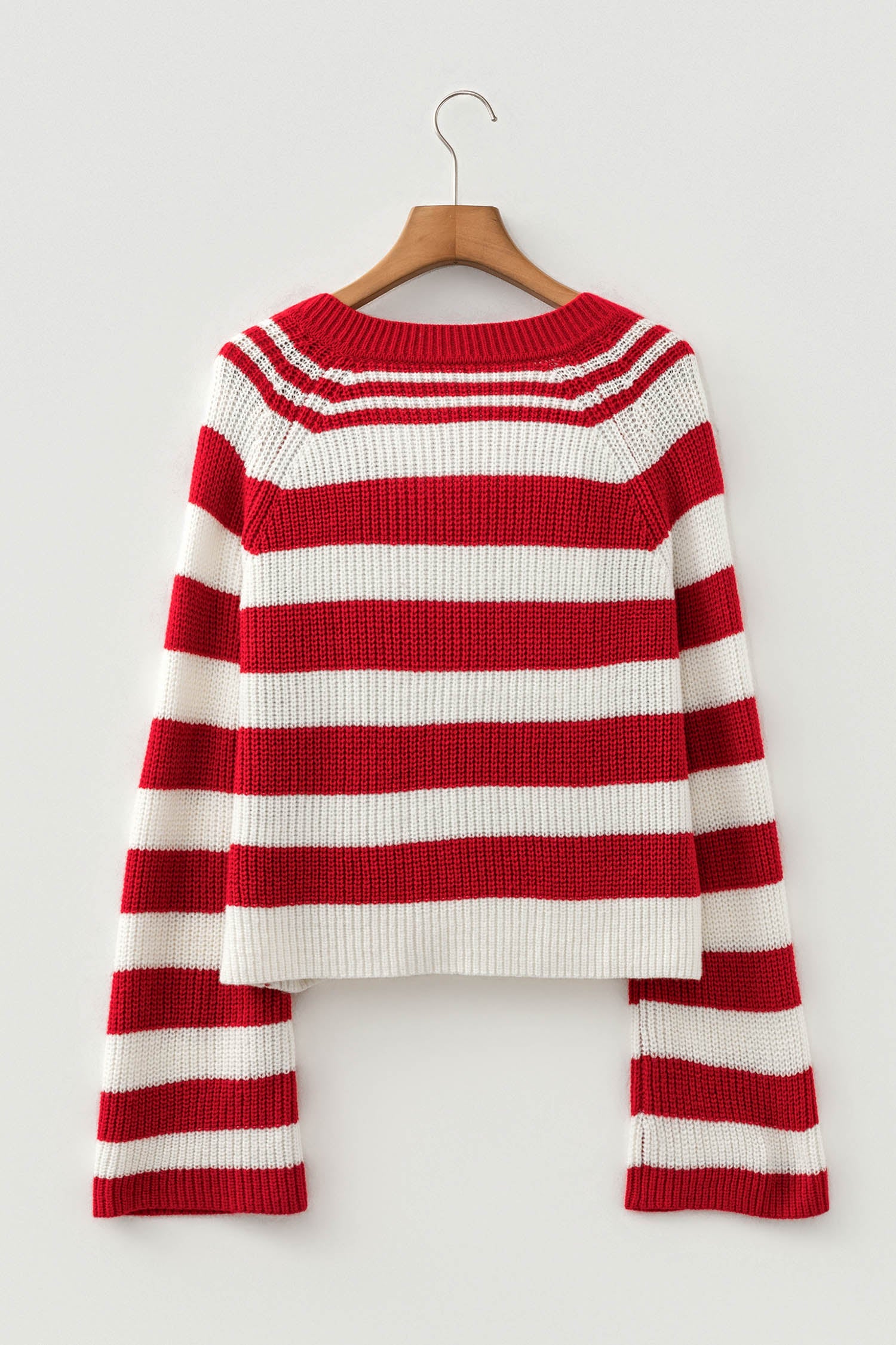 Stripe Colorblock Grommet V-Neck Bell Sleeve Sweater
