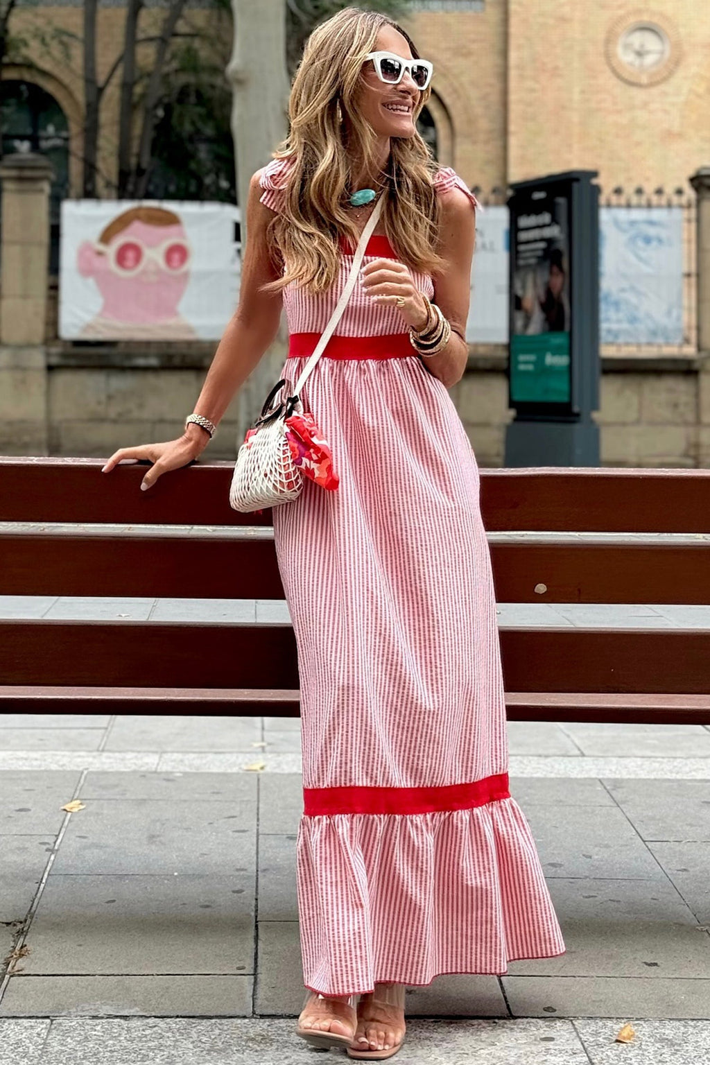 Red Stripe Bow Knot Straps Contrast Trim High Waist Ruffle Hem Maxi Dress