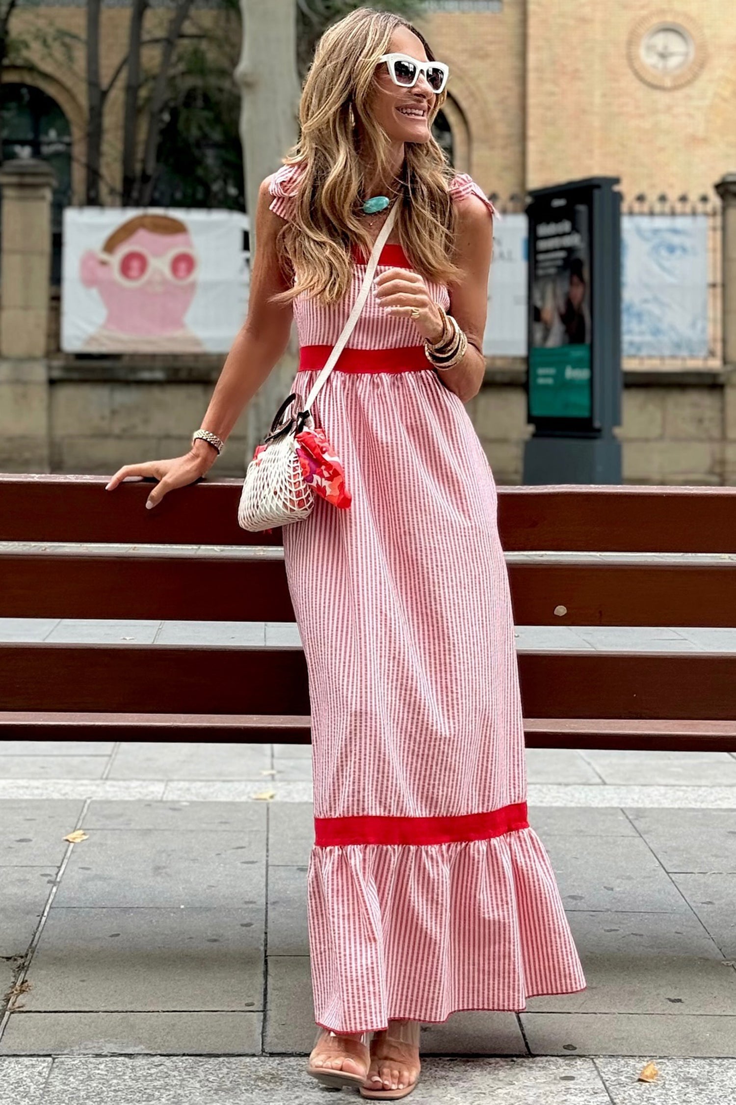 Red Stripe Bow Knot Straps Contrast Trim High Waist Ruffle Hem Maxi Dress