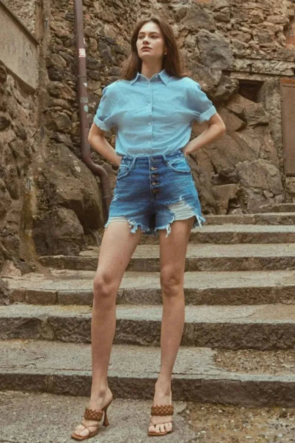 Distressed Button-Fly High Waist Denim Shorts
