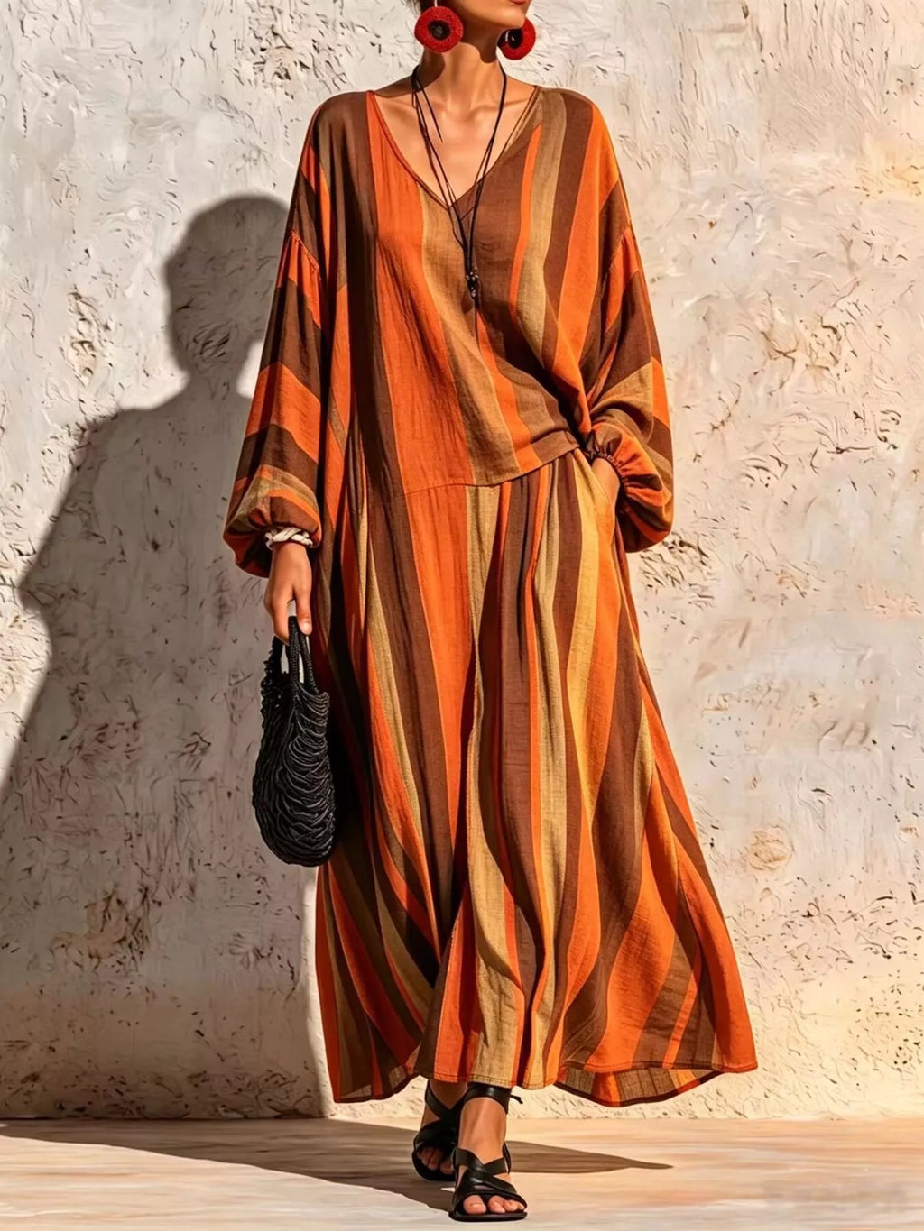 Bohemian Striped V-Neck Loose Top and Wide Leg Pants Set