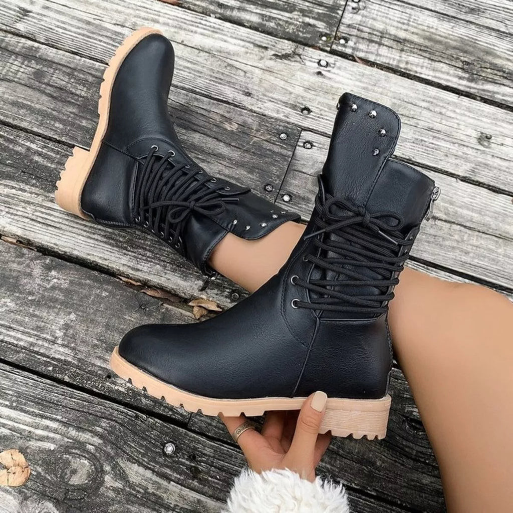 Lace Up Block Heels Boots