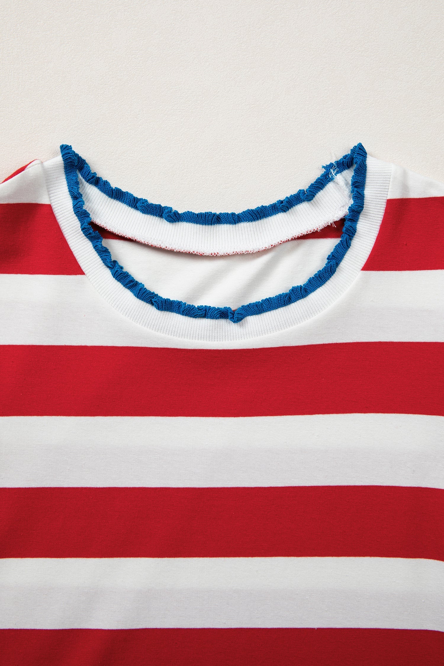 Red Stripe Contrast Trim Round Neck Short Puff Sleeve Shift Mini Dress